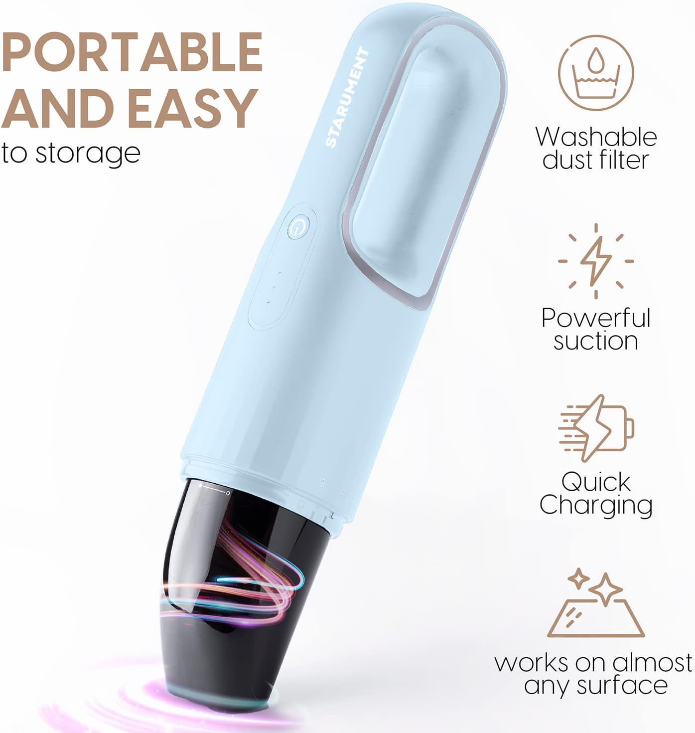 STARUMENT Portable Hand Vacuum Cleaner Handheld Cordless Cleaner for Dust, Pet Hair Dirt Home, Car Interior Lightweight, Easy to Use, Compact Design Battery Rechargeable with USB-C Cable (Blue)