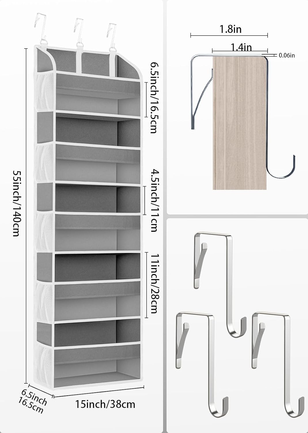 1 Pack Over The Door Storage Organizer with 5 Pockets 10 Mesh Side Pockets, 44 lbs Weight Capacity Door Hanging Organizers and Storage for Bedroom,Bathroom,Nursery,Pantry,Dorm(Light Gray)