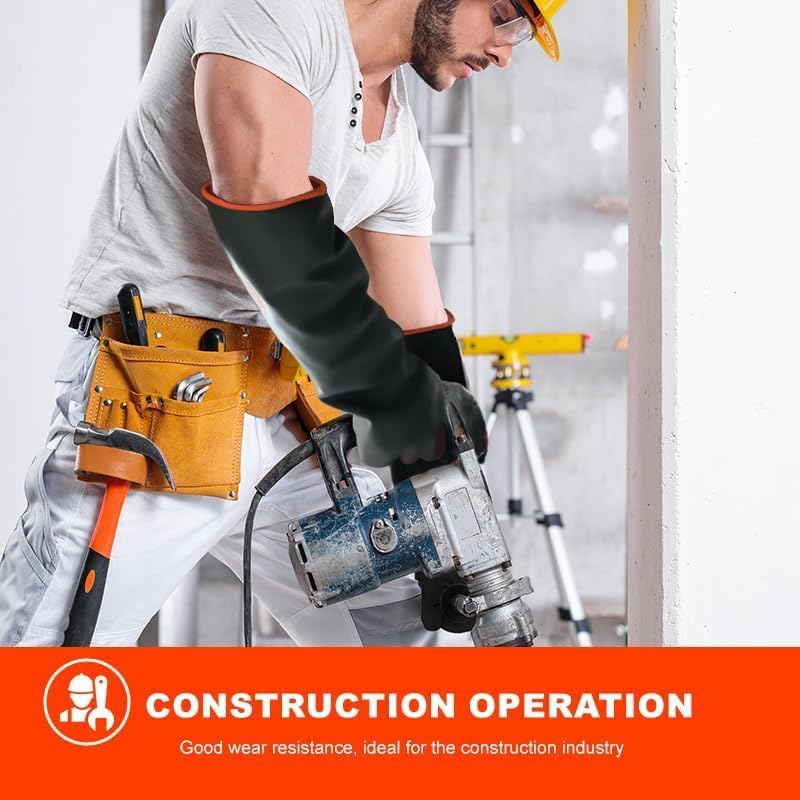 Heavy-Duty Latex Chemical Resistant Gloves - Reusable Long Rubber Dishwashing Gloves with Forearm Protection for Men - Waterproof, Industrial Safety Gear, Acid & Alkali Resistant, Oil-Proof,14“,2 Pair