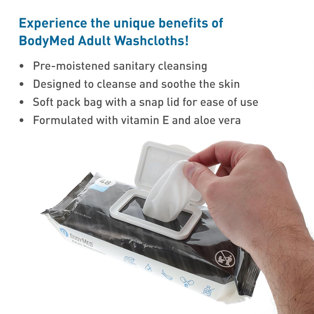 BodyMed Adult Disposable Incontinence Wipes, 48 Wipes/Pack (1-Pack) - Pre-Moistened & Hypoallergenic Washcloths Formulated with Vitamin E & Aloe Vera