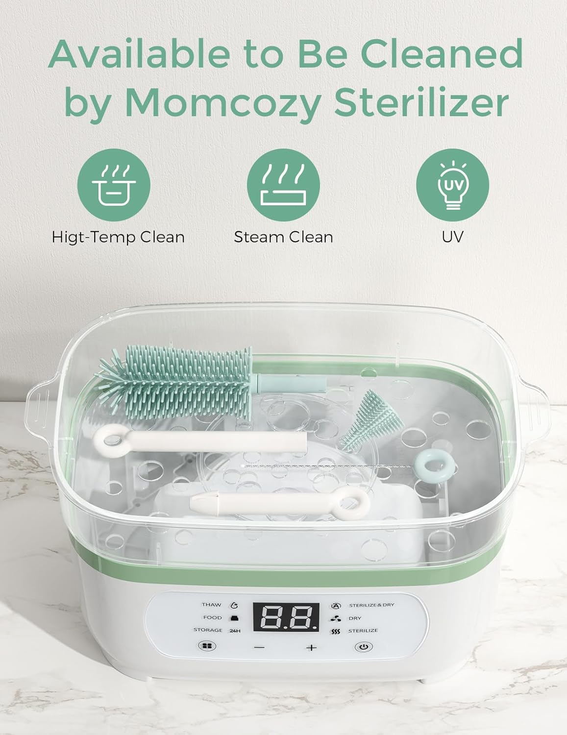 Momcozy Bottle Brush Set - Baby Bottle Cleaner Kit with Silicone Brush, Nipple Brush, Straw Brush, Soap Dispenser, Drying Rack - 7 in 1 Bottle Cleaning Tool for Home and Travel, Green