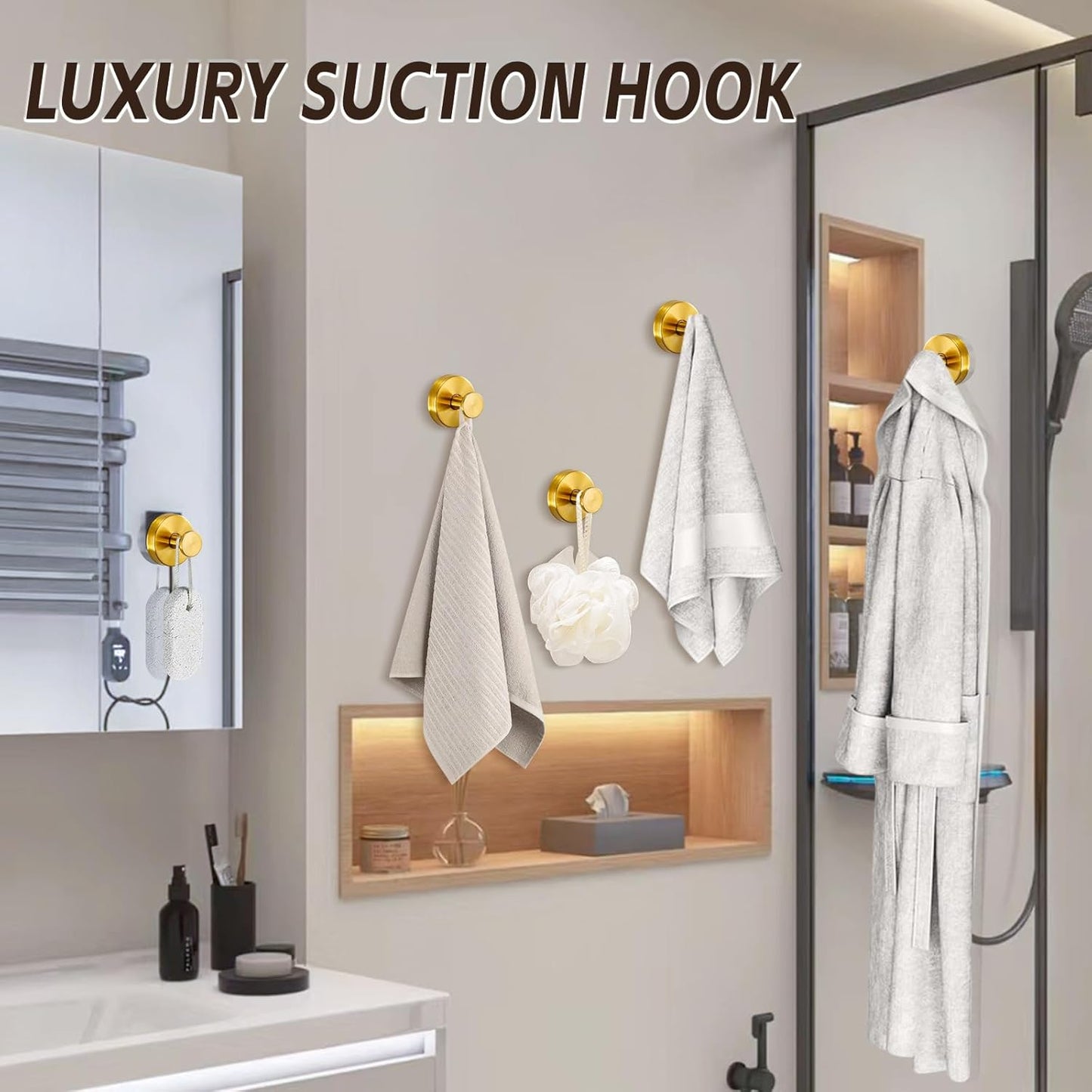 Reusable Heavy Duty Suction Cup Hooks for Kitchen/Bathroom/Shower - Wet-Proof Hooks for Towels, Robes, Loofah&Wreaths/No Drill Mounting on Glass, Tile, Metal (4, Brushed Gold)