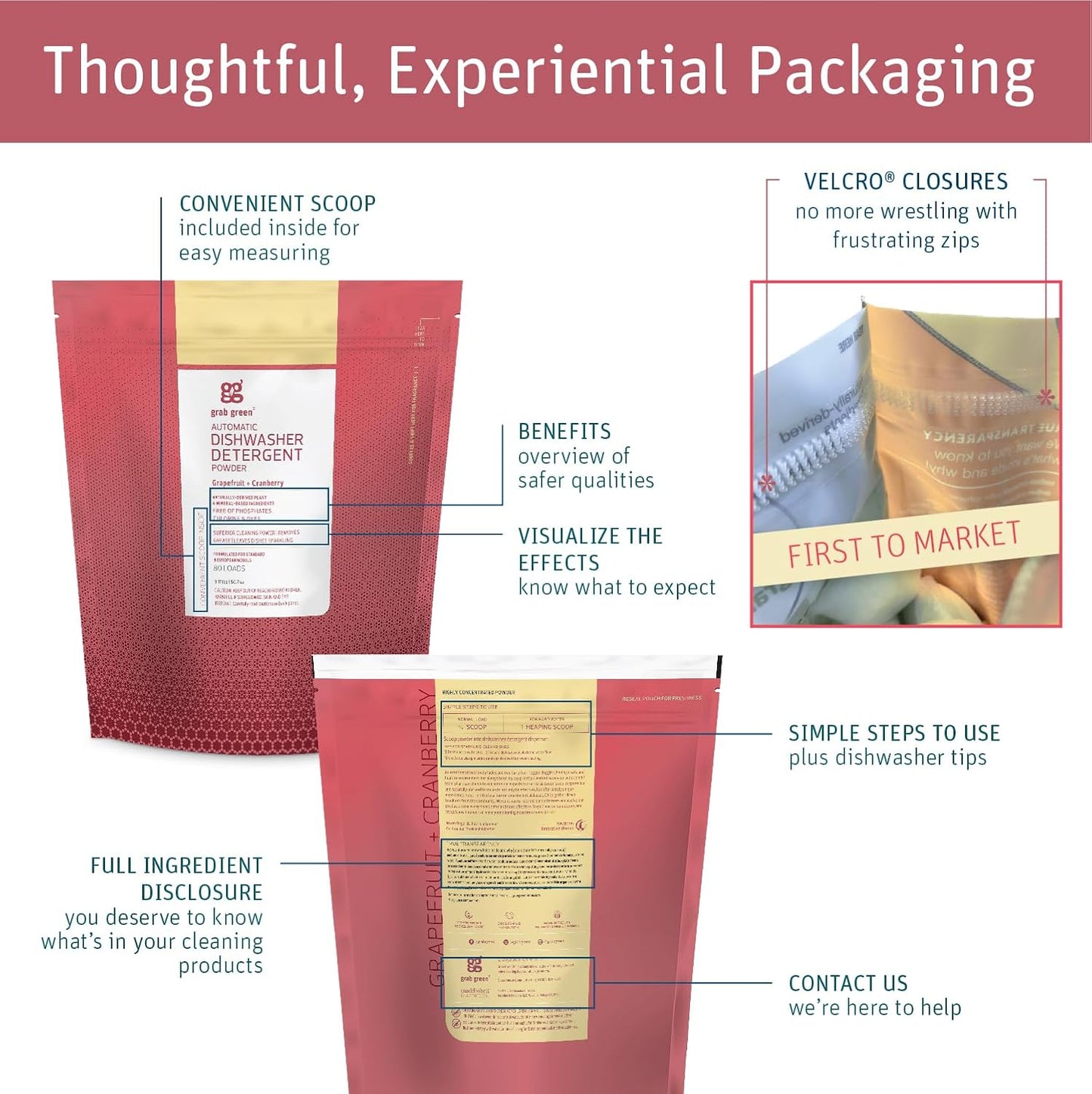 Grab Green Automatic Dishwashing Detergent Powder 3.17 lbs, 80 Loads, Grapefruit Cranberry Scent, Plant and Mineral Based, Superior Cleaning, Powerful Grease Removal, Brilliant Shine