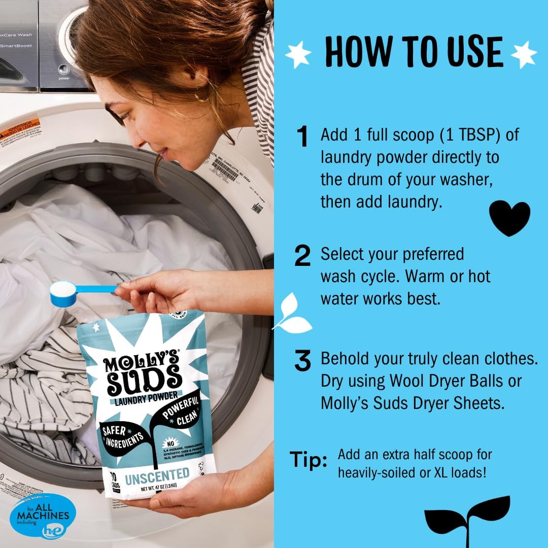 Molly's Suds Original Laundry Detergent Powder | Clean Laundry Detergent Powder for Sensitive Skin | Simple, Effective Ingredients, Stain Fighting | 120 Load (Peppermint)