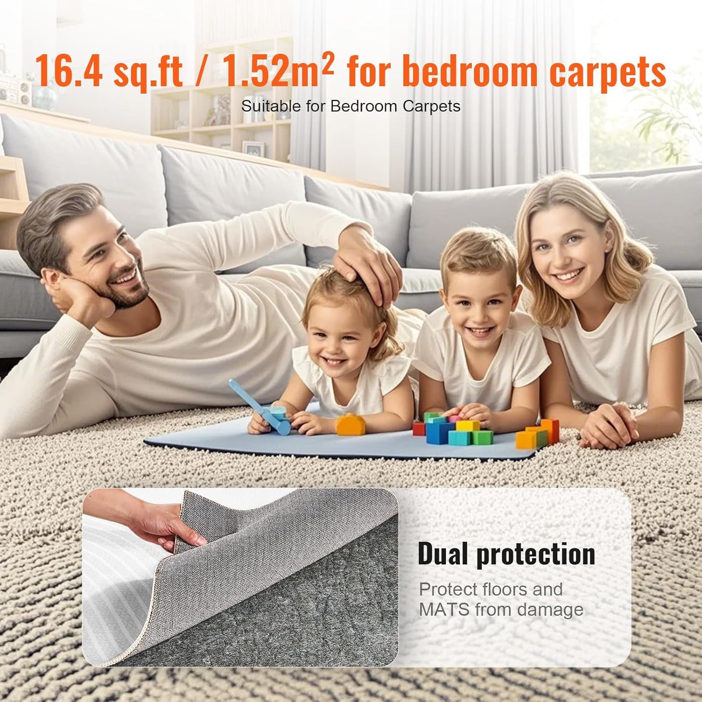 VEVOR - Slip-Resistant Rug Pad - Protective Cushioning Carpet Pad - 5' x 8' - 1/4" Thick - Dual Surface - Polyester Felt + Latex - Gray - 3-4㎡ Area Carpet Padding Rug Cushion Safe for All Floors