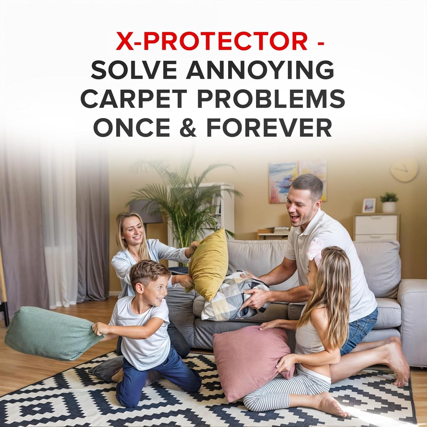 X-Protector Rug Tape - 8 Pcs Set - White Anti-Slip & Anti-Curling Carpet Tape for Hard Floors - Premium Rug Pad Gripper - Ideal Carpet Corner Grippers to Keep Your Carpet in Place & Make Corners Flat