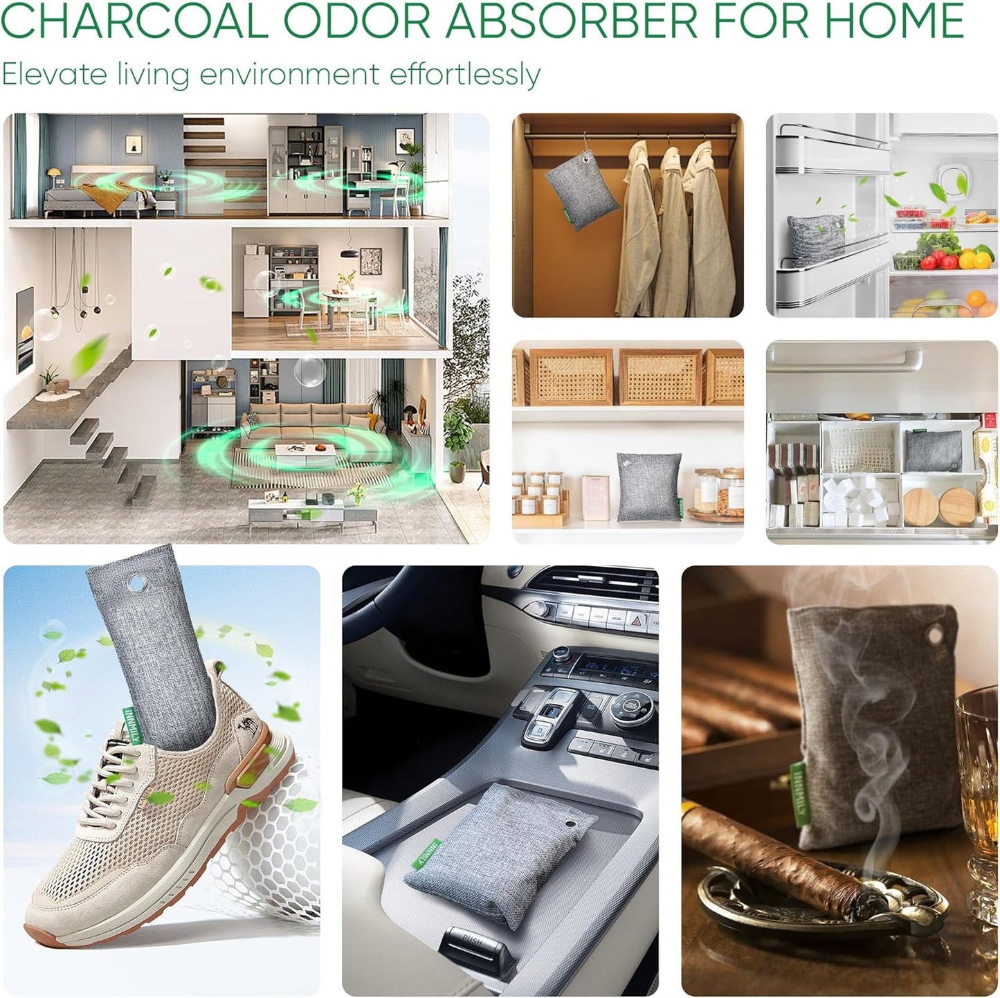 Activated Charcoal Odor Absorber, Odor Eliminator for Strong Odor,Bamboo Charcoal Air Purifying Bags for Home Car Closet Pet, Smoke Room Deodorizer (8 x 60g, Unscented)