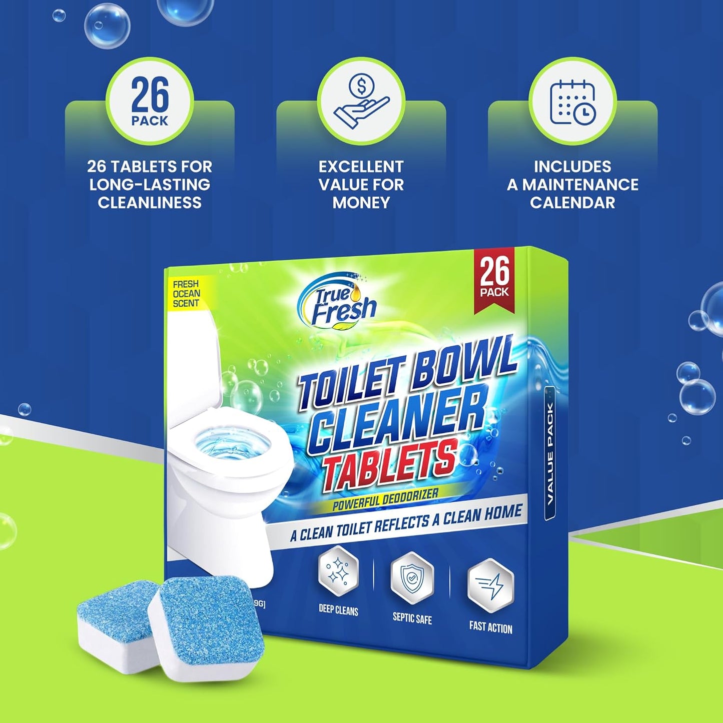 True Fresh Toilet Bowl Cleaner Tablets 26 Pack – Deodorizer & Septic Safe – Deep Cleaning, Odor Eliminator, Stain Remover for Long-Lasting Freshness – Fresh Ocean Scent