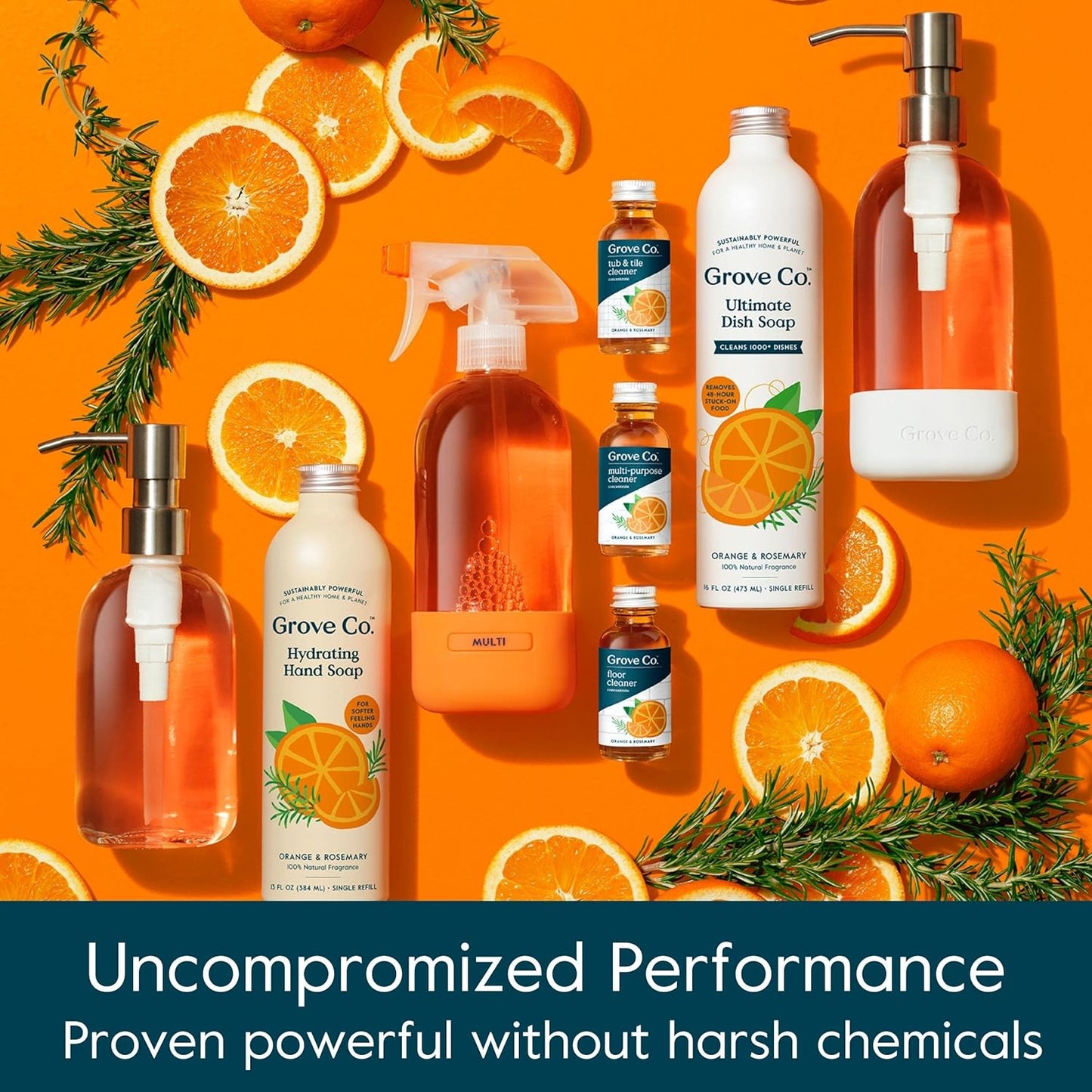 Grove Co. Multi-Purpose Cleaner, Refill Concentrate (6 x 1 Fl Oz) Plant-based Household Cleaning Supplies, Ammonia & Chlorine Free, No Plastic Waste, Orange & Rosemary Scent, Total 3 x 2 Pack Refills
