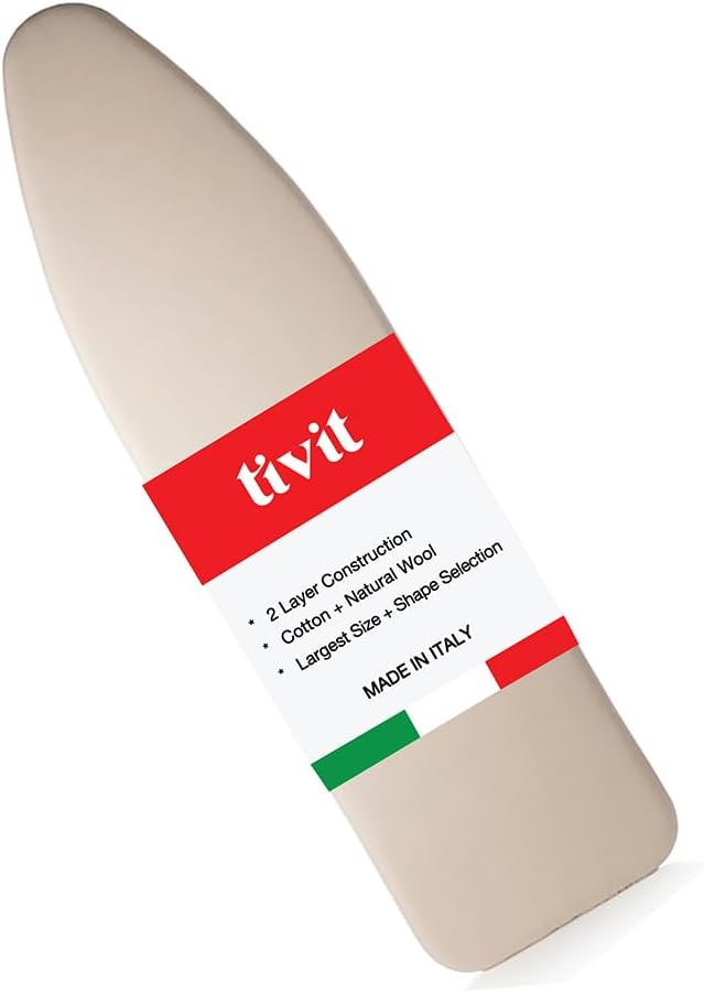 TIVIT Ironing Board Cover - Made in Italy - 18 x 54 Wide Chemical Free Eco-Friendly Padded Covers - Unbleached, Untreated Natural Cotton & Wool Pad - 2 Layer, 3 Fastener Straps, Pull Bungee Cord