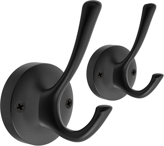 Black Towel Hooks, 2 Pack Coat Robe Hook Heavy Duty Metal Double Bathrobe Hook Wall Mounted, Hand Towels Hooks for Cubicle Bathroom Kitchen Closet Garage