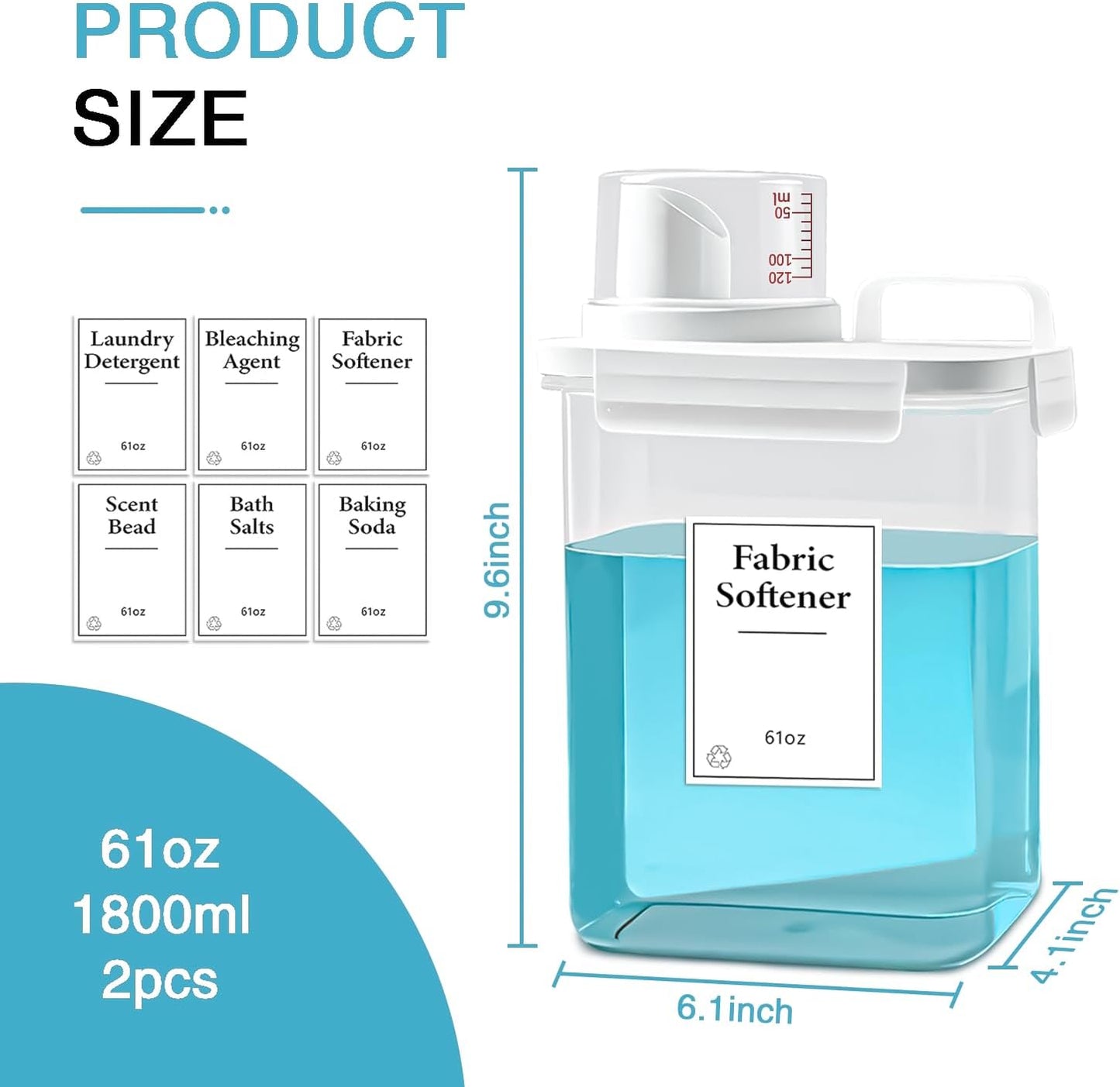 2 Pack Laundry Detergent Dispenser, 61oz Detergent Dispenser, Refluxable Laundry Detergent Container, Plastic Liquid Laundry Detergent Dispenser for Laundry Room Organization with 6 Labels