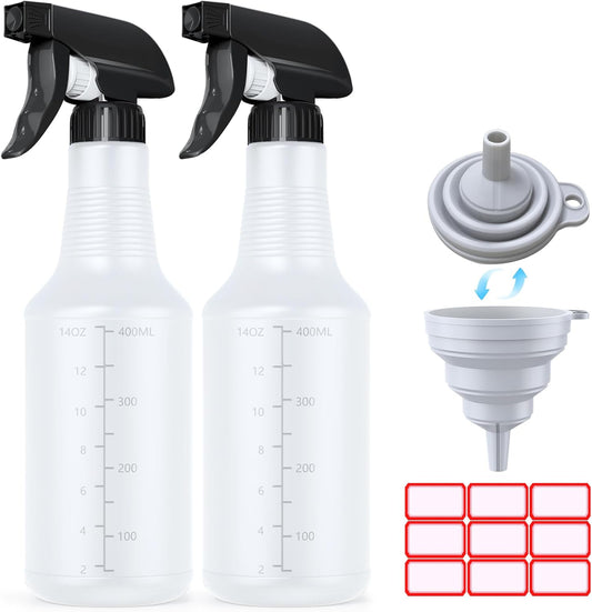 Veco Spray Bottle (2 Pack 16 Oz Black&Folded funnels) with Measurements and Adjustable Nozzle,HDPE Plastic Spray Bottles for Cleaning Solution,Household/Commercial/Industrial Use,No Leak and Clog
