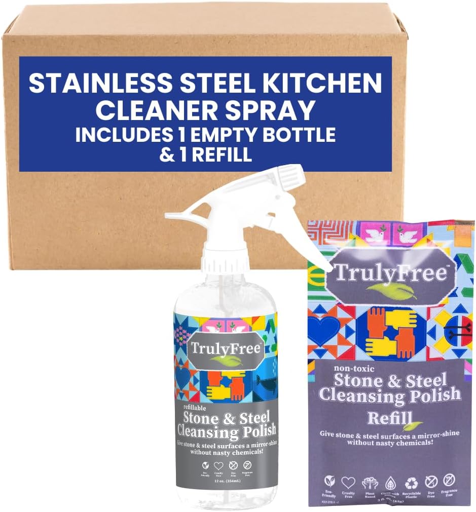 Truly Free Stone & Steel Cleansing Polish Starter Kit - Quartz, Marble, Granite, Stone Countertop, Oven, Stainless Steel Cleaner - 16oz Spray Bottle, 2 Refills (4oz) No Harmful Ingredients