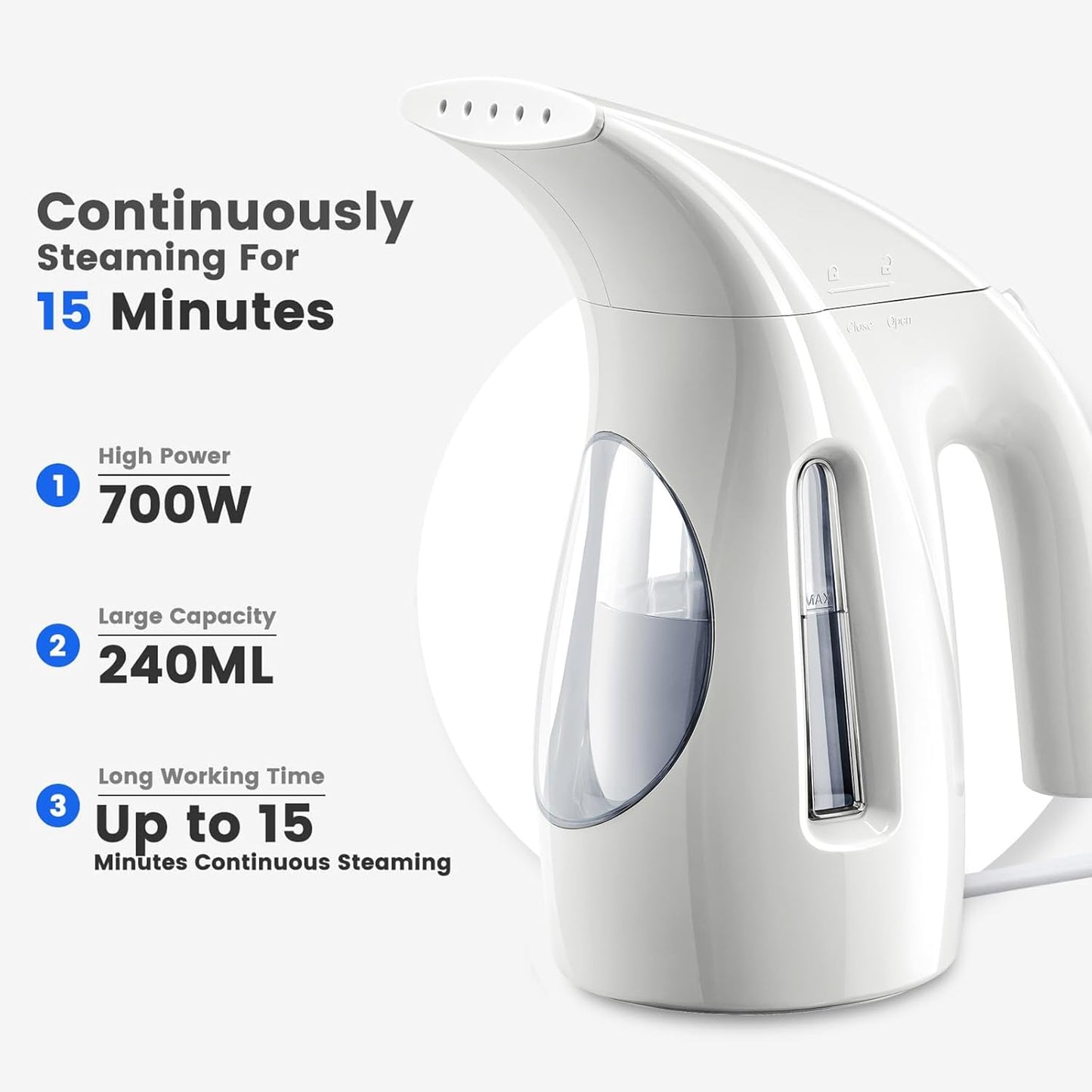 HiLIFE Steamer for Clothes, Portable Handheld Design, 240ml Big Capacity, 700W, Strong Penetrating Steam, Removes Wrinkle, for Home, Office and Travel(ONLY FOR 120V)(White)