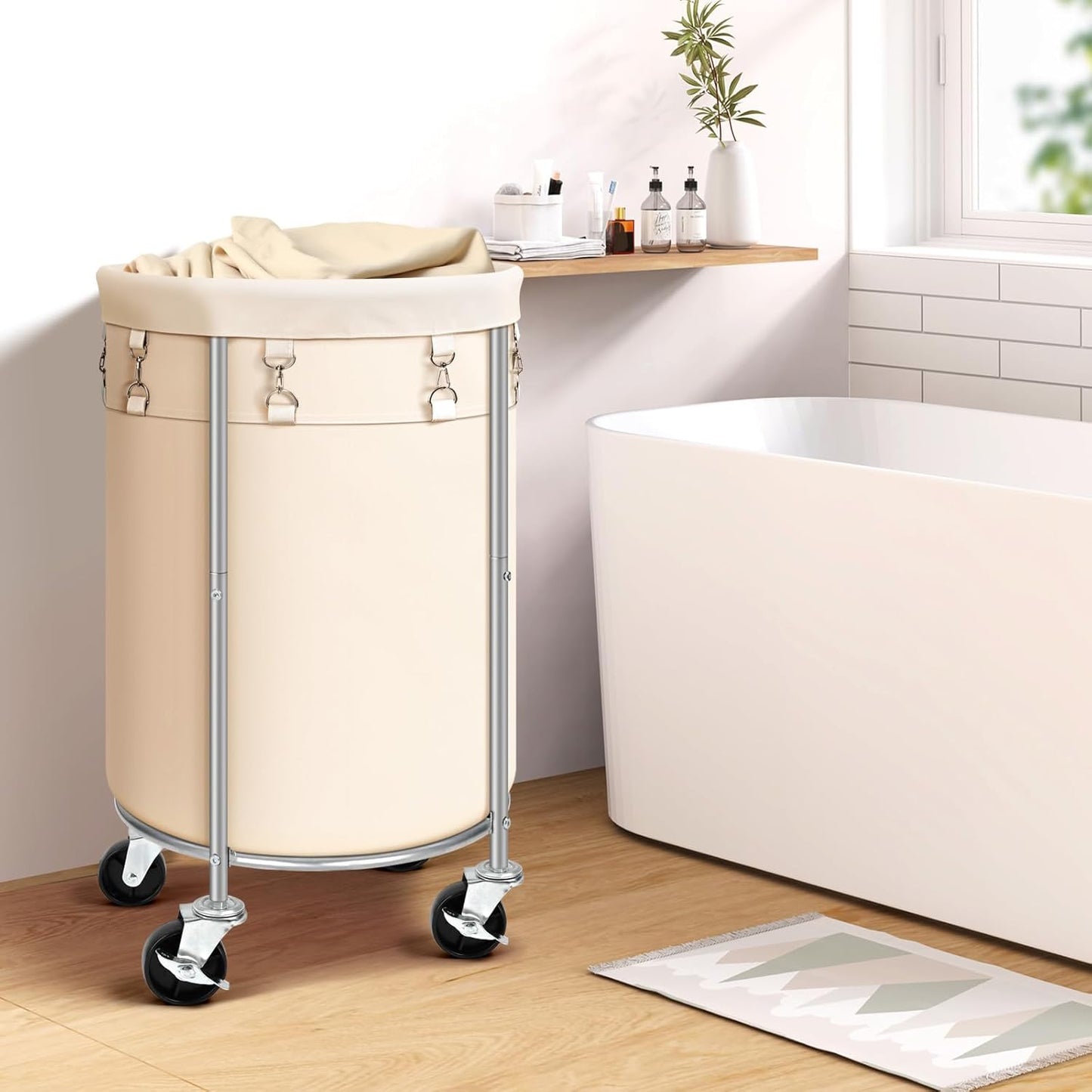 Laundry Hamper with Wheels, 100L Round Rolling Laundry Basket Sorter with Removable Bag, Clothes Cart Organizer with Steel Frame for Bedroom, Bathroom, Laundry Room, Beige