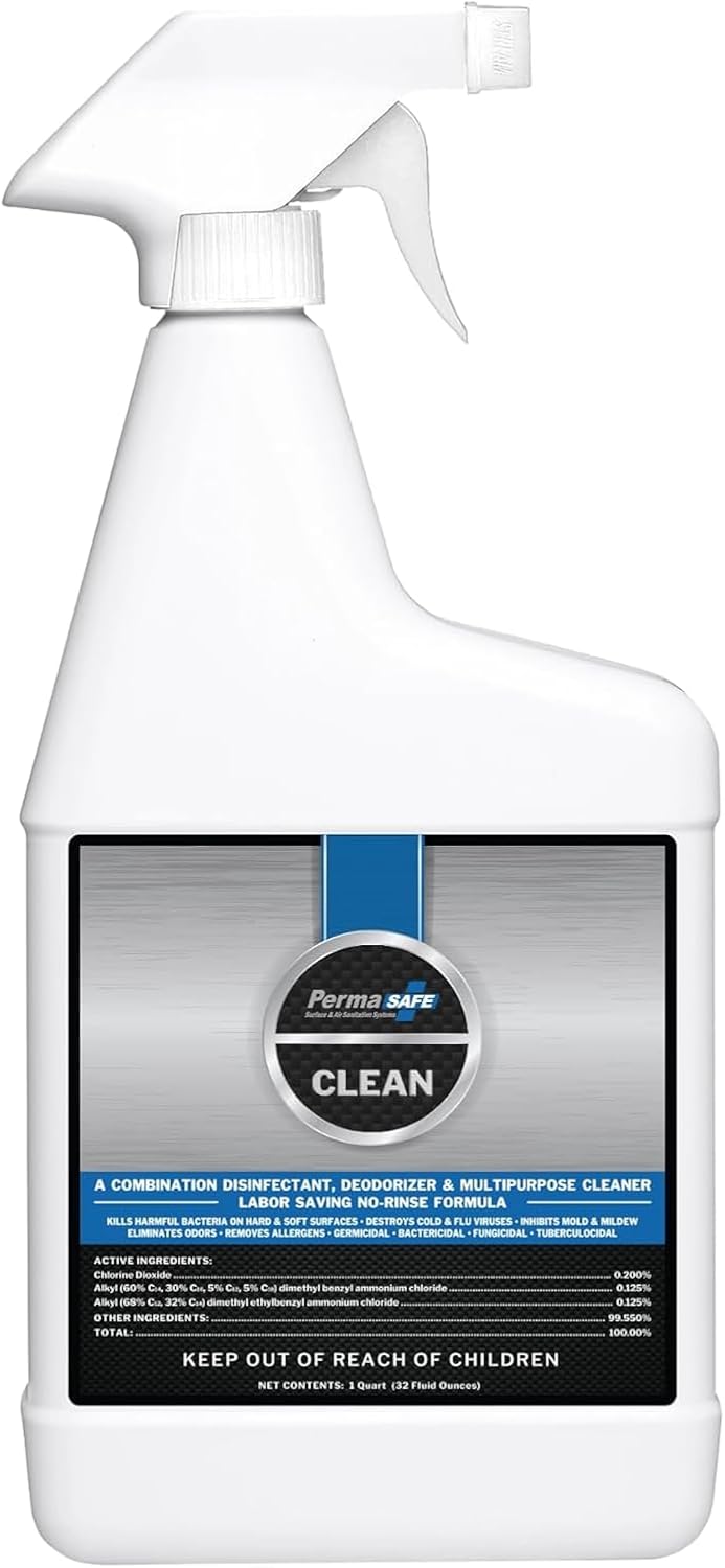 PermaSafe CLEAN, All-Purpose Hospital Disinfectant Cleaner; No Rinse, Hard, Soft & Food Contact Surface Sanitizer; Mold, Mildew and Fungi Killer; Odor Eliminator; Allergen Remover & More (32 Fl Oz)