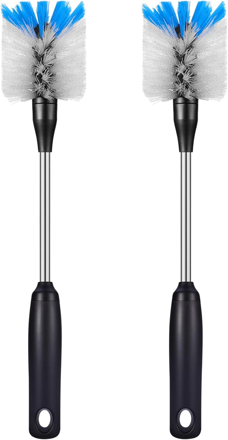 Stainless Steel Bottle Brush with Replaceable Head, 2 Pack Long Handle Scrubbing Brush for Water Bottles, Glasswares, Mugs, Flasks, Tumblers, Vases, and Kitchen Sink, 13 in