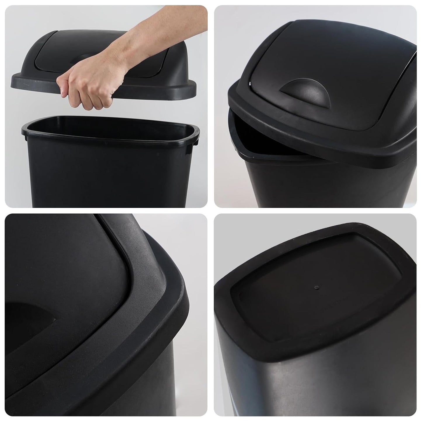 6 Gallon / 25 L Trash Can, 4-Pack, Plastic Swing Lid Garbage Waste Bins Container for Kitchen, Bedroom, Office, Living Room, Bathroom, Black