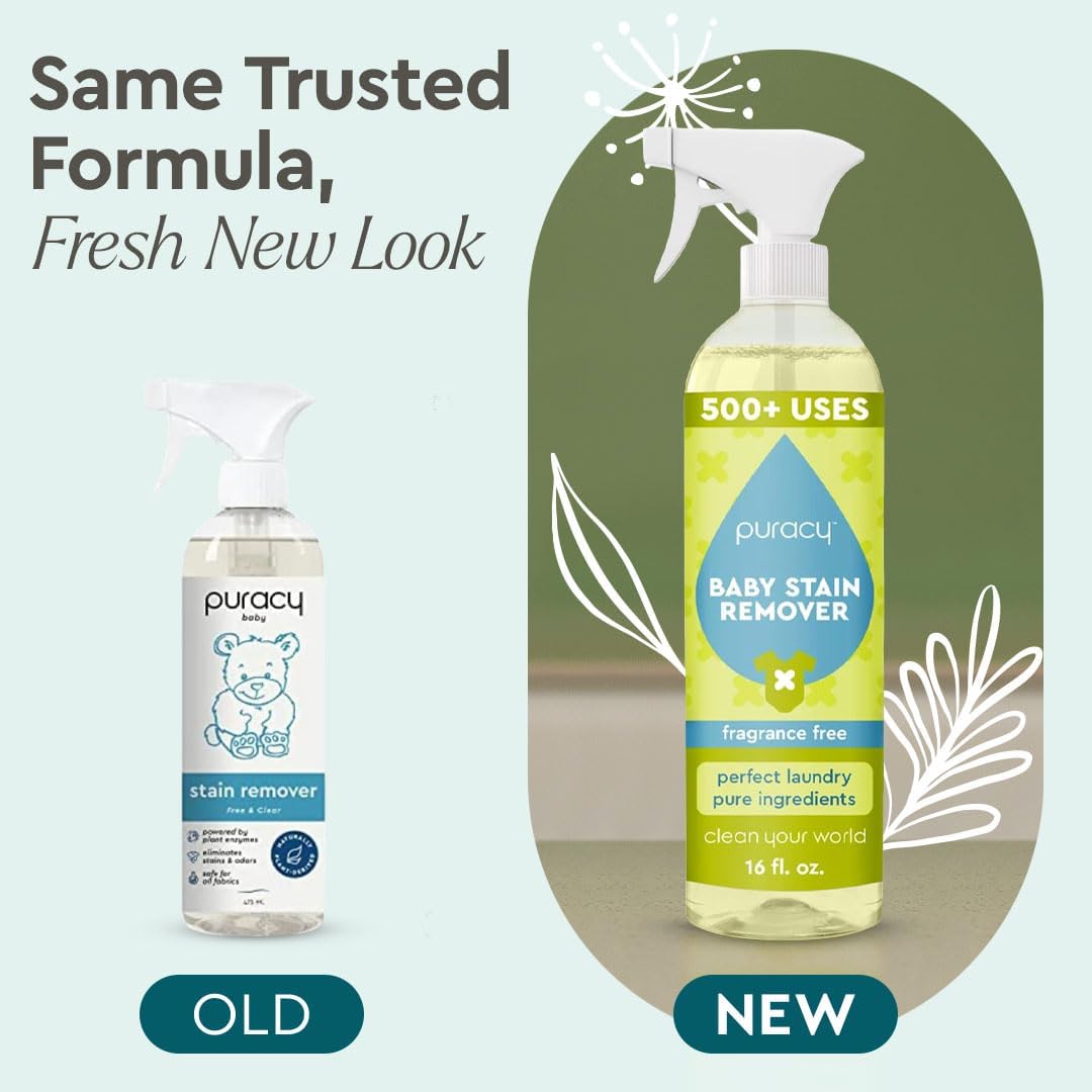 Puracy Stain Remover for Baby Clothes and Cloth Diapers, Newborn Baby Essentials Must Haves, Enzyme-Based Laundry Spray, Natural Spot and Odor Cleaner, 16 Oz