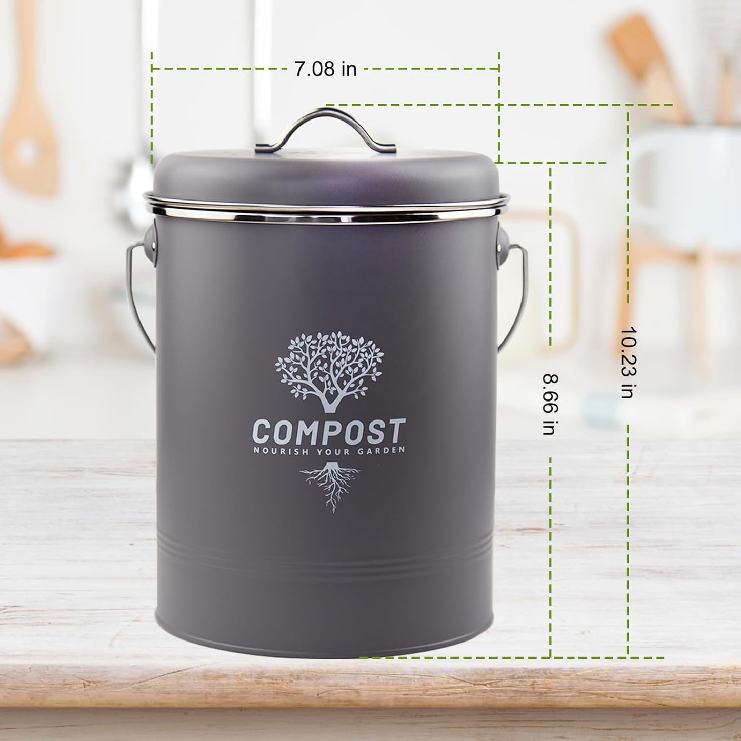 Kitchen Countertop Compost Bin, Odor Resistant Indoor Compost Bin with Lid and Charcoal Filter, Rust Resistant Coated Compost Bucket, Compost Container, Gray