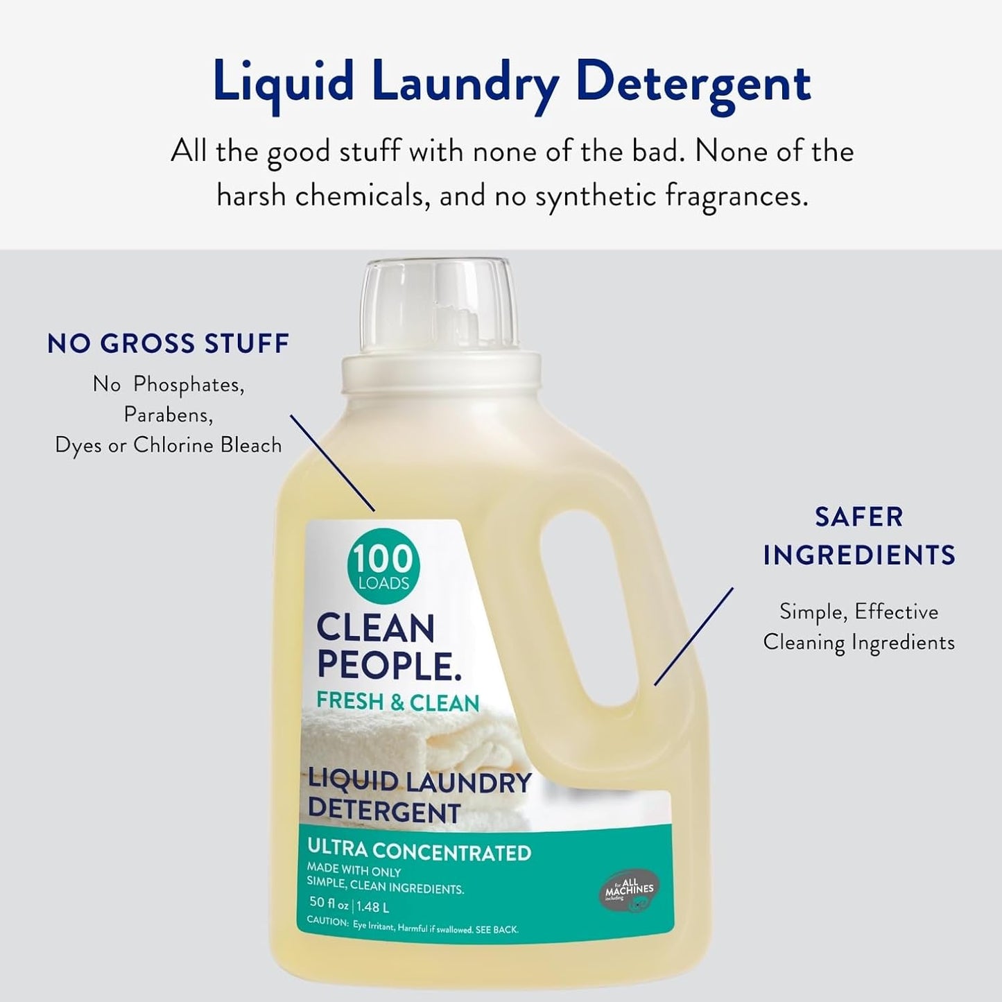 The Clean People Liquid Laundry Detergent - Recyclable Packaging, Stain Fighting - Ultra Concentrated, Laundry Soap - Fresh Scent, 50 fl oz