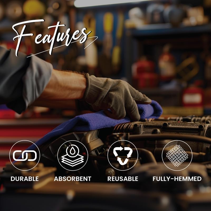 Shop Towels (Blue, 25-Pack) - Bulk Cleaning Towel in a Bag, Mechanic Cotton Wipes for Car Maintenance, Auto Mechanics & Garage, Wipe Grease & Oil, Machine Wash & Reusable