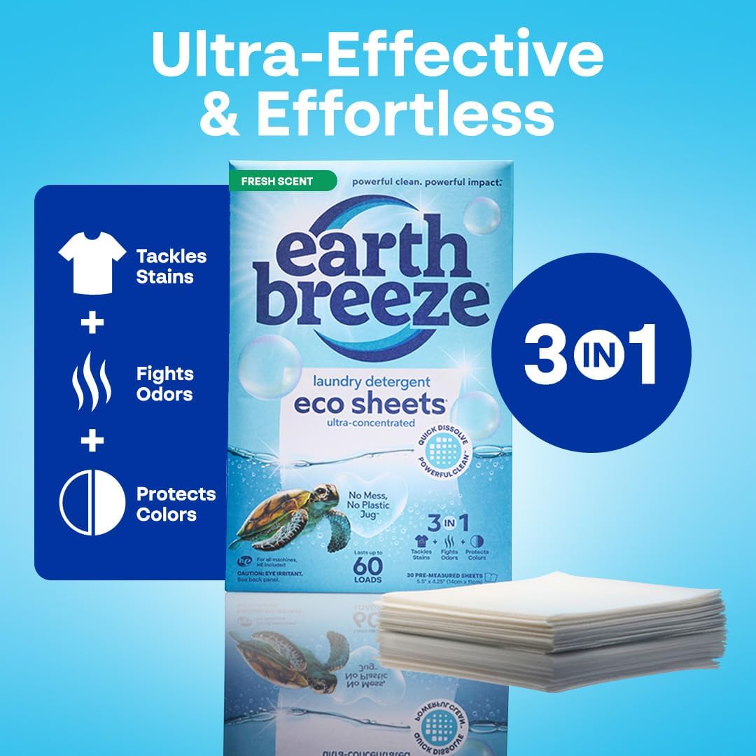 Earth Breeze Laundry Detergent Sheets Fresh Scent - 180 Loads Eco Liquidless Soap - Travel-Friendly for Hot & Cold Cycles, Tackles Tough Stains & Odors - Gentle on Skin, 90 Ct (3 Pack)