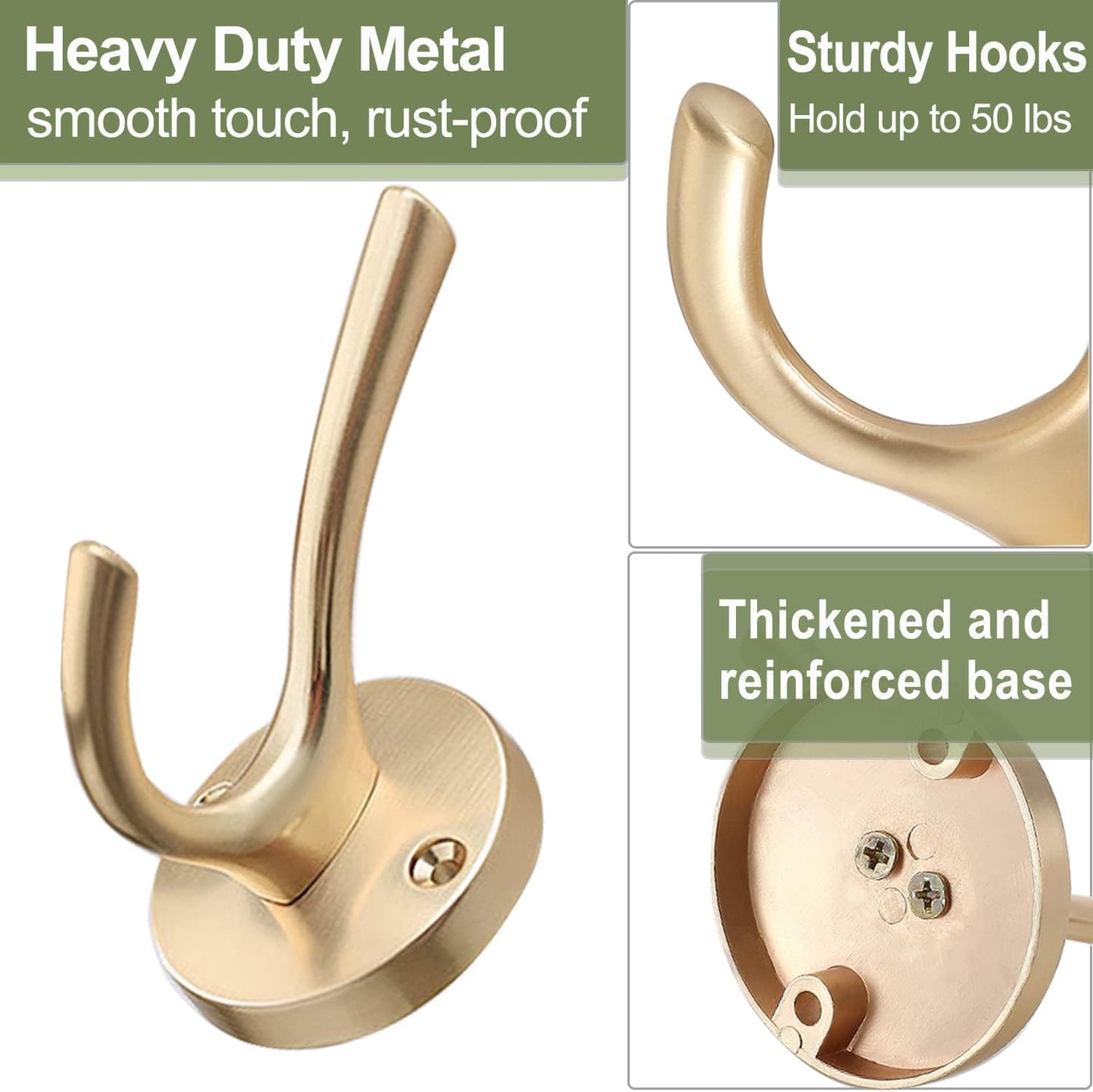 Gold Hat and Coat Hooks, 4 Pack Heavy Duty Coat Robe Hook, Metal Double Backpack Hook Wall Mounted, Towel Hooks for Bathroom Entryway Cubicle Closet Garage