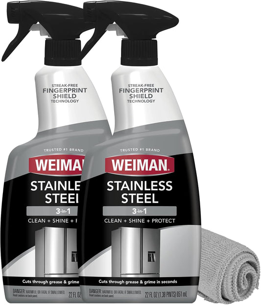Weiman Stainless Steel Cleaner and Polish - Protects Appliances from Fingerprints, Leaves a Streak-Free Shine for Refrigerator, Dishwasher, Oven, Grill, 2 Pack With Microfiber Cloth