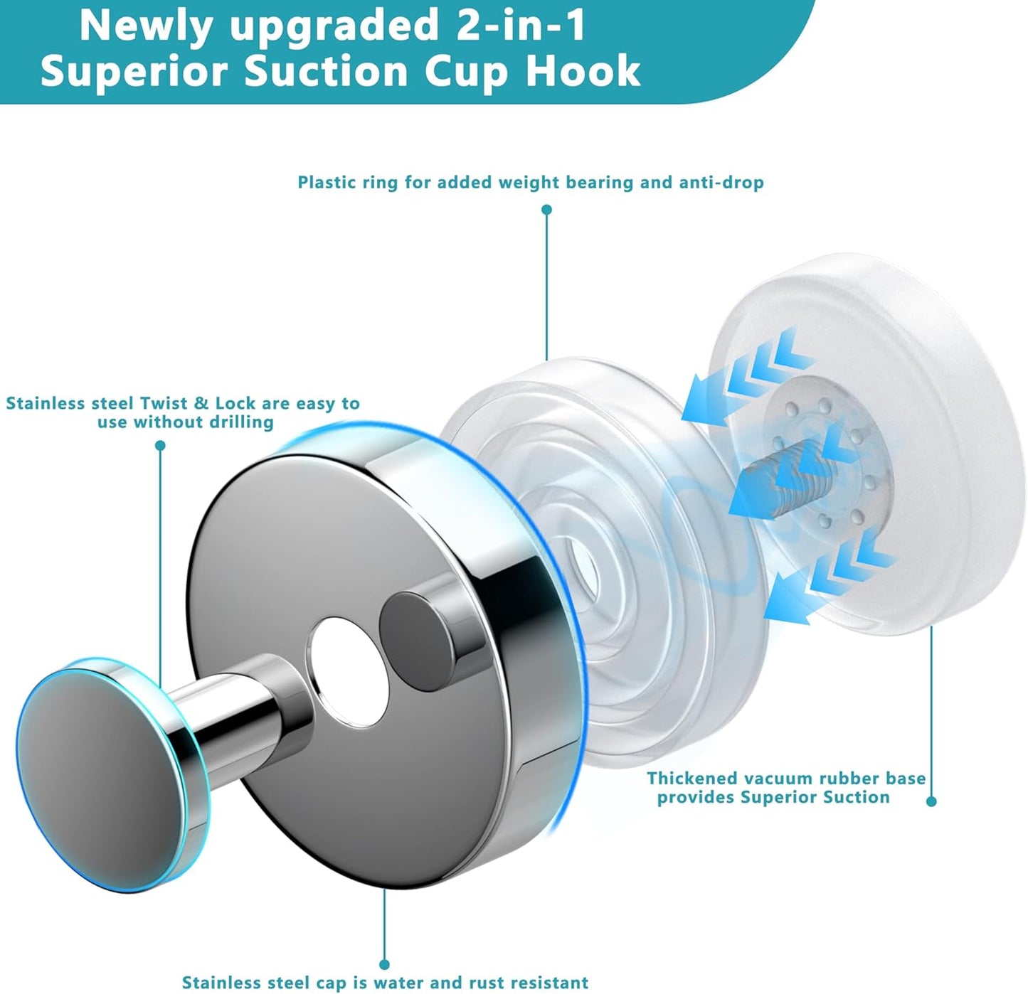 Suction Cup Hooks for Shower,Removable No Drill Towel Hooks,Upgraded 15 lbs Strong Suction hooks for Bathroom Tile,Shower Wall,Glass Door,Kitchen-Loofah,Coat,Stainless Waterproof-Chrome 2 Pcs