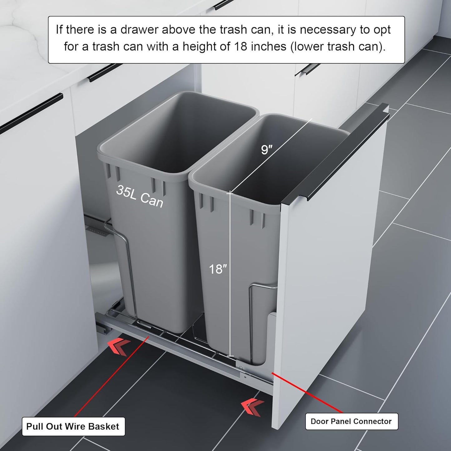 Dowell B18 Aluminum Base Wastebasket Pullout with Door Mount and Two 35Qt/9Gal Plastic Bins (4012 0218+35x2)