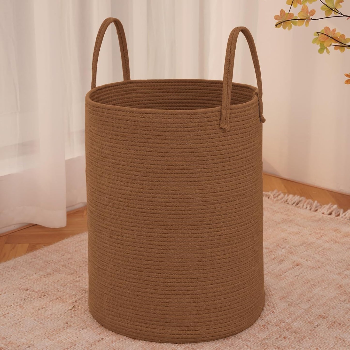 Large Woven Laundry Basket Hamper,60L Cotton Rope Storage Bin for Blankets,Toys and Clothes,Decorative Tall Nursery Hamper for Living Room,Baby Nursery,Bathroom and Bedroom,Golden Jute