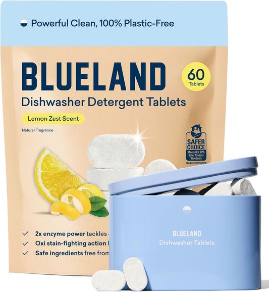 BLUELAND 100% Plastic-Free Dishwasher Detergent Tablets, Starter Set, 60 Count with tin, Lemon Zest, Eco-Friendly Dishwashing Pods, Natural, USDA Certified biobased