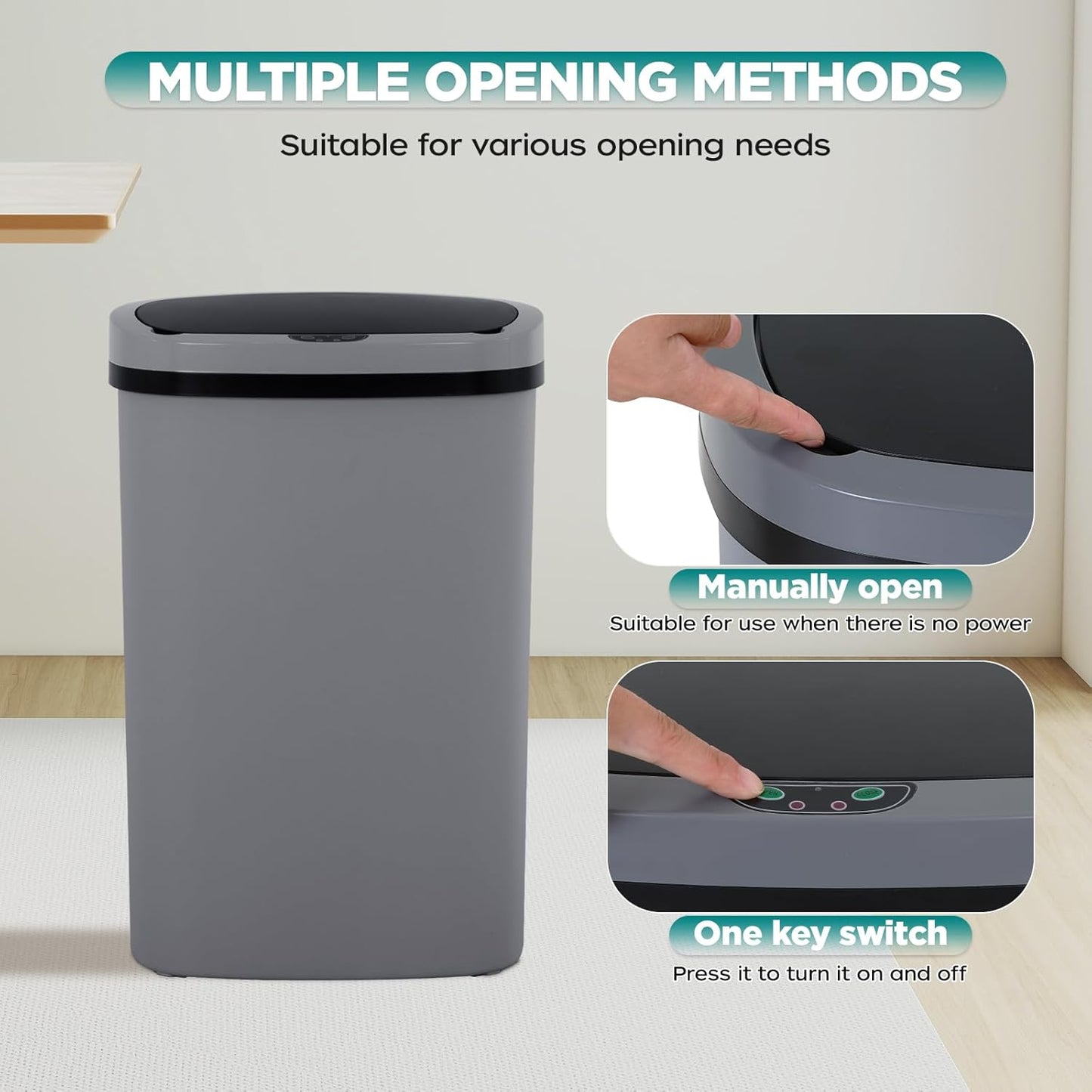 Automatic Motion Sensor Bathroom Trash Can with Lid, 13 Gallon Touchless Trash Bin, Smart Dog Proof Garbage Can, Touch Free Waste Basket for Toilet, Office, Bedroom,Gray