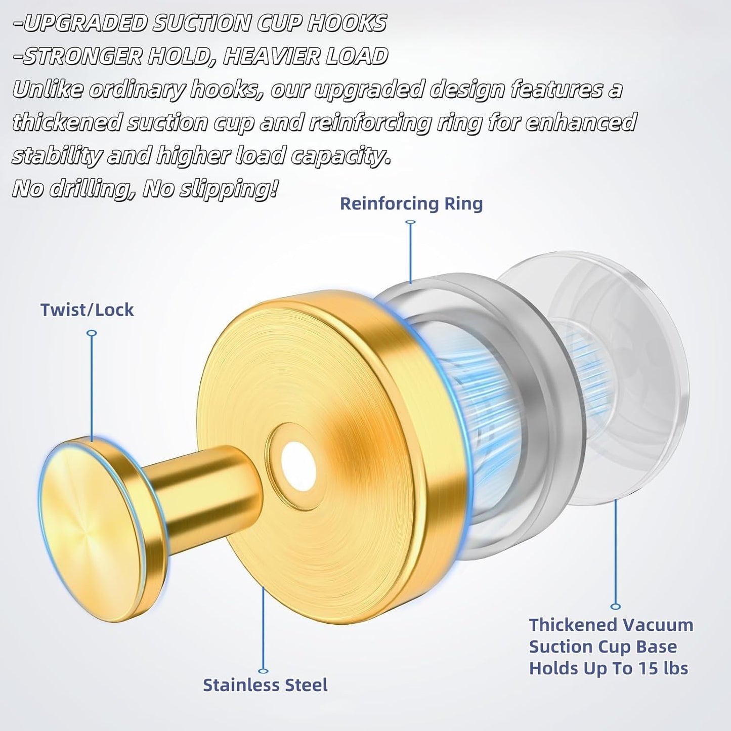 2025 Upgraded Stainless Steel Heavy Duty Suction Cup Hooks for Shower Bathroom Accessories Removable Hook for Glass Window Door Wall Hooks for Hanging Towels Robes Wreaths (Pack of 2, Gold)