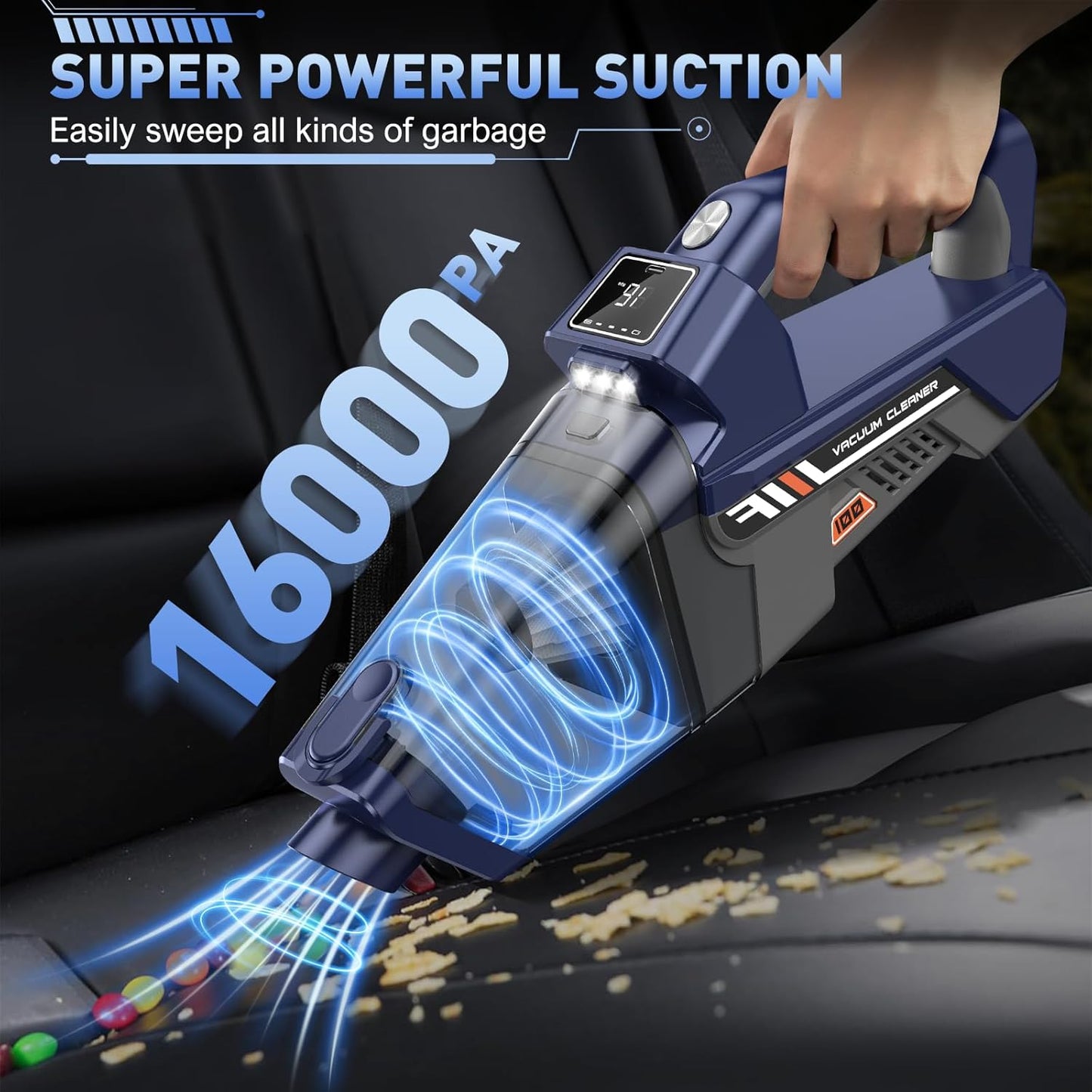 JONYJ Handheld Vacuum Cordless, 16000PA High Power Car Vacuum Cleaner, Portable Hand Held Vacuum Cleaner with LED Light & Multi-Nozzles, Dust Buster Rechargeable for Home, Car, Office, Pets