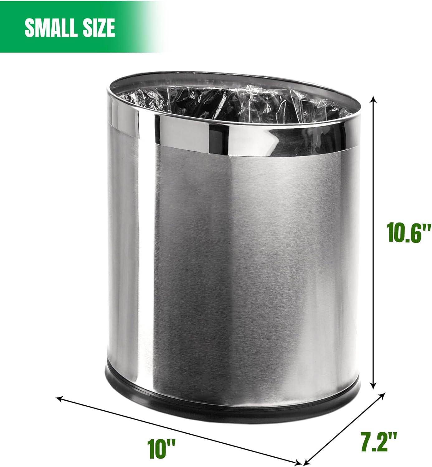'Invisi-Overlap' Open Top Stainless Steel Trash Can, Small Office Wastebasket, Modern Home Décor, Oval Shape
