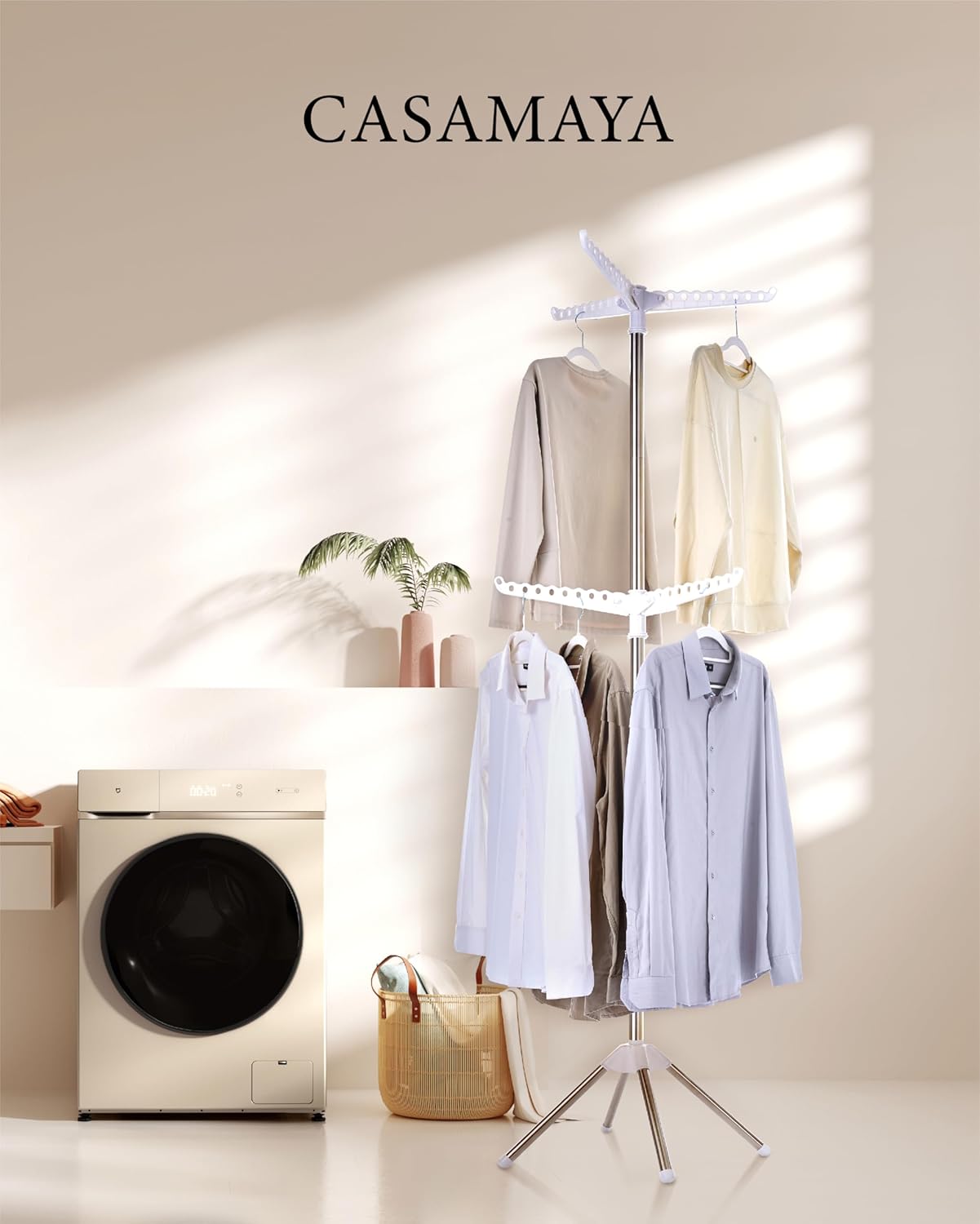 Clothes Drying Rack Foldable, 74.8 inch 2 Tier Laundry Drying Rack with Rotating Clothes Rail for 54 Pieces of Clothes, Space Saving, Indoor, Stainless Steel, White and Silver CDR002W01