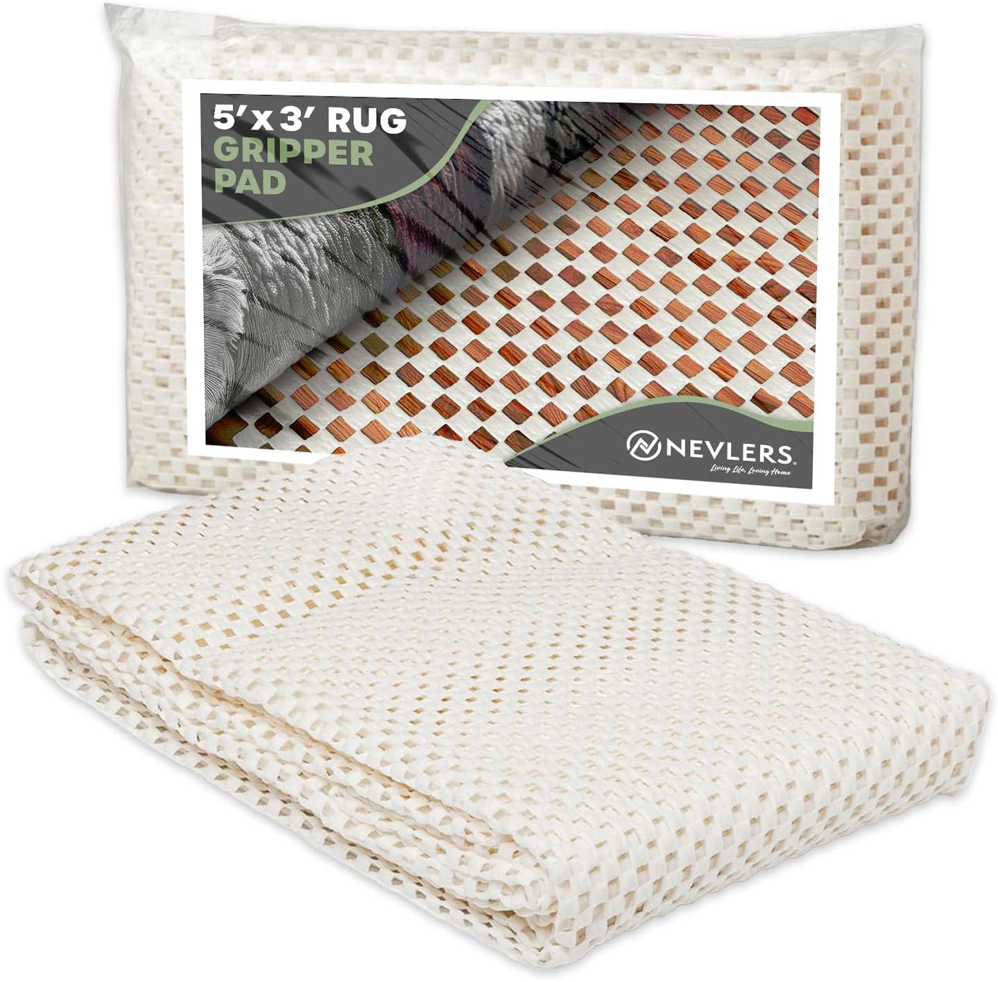 Nevlers Non Slip 3'x5' Rug Pads | White PVC Foam Rug Gripper for Hardwood Floors | Indoor/Outdoor Anti Skid Rug Gripper with Customizable Open Weave Pad Design