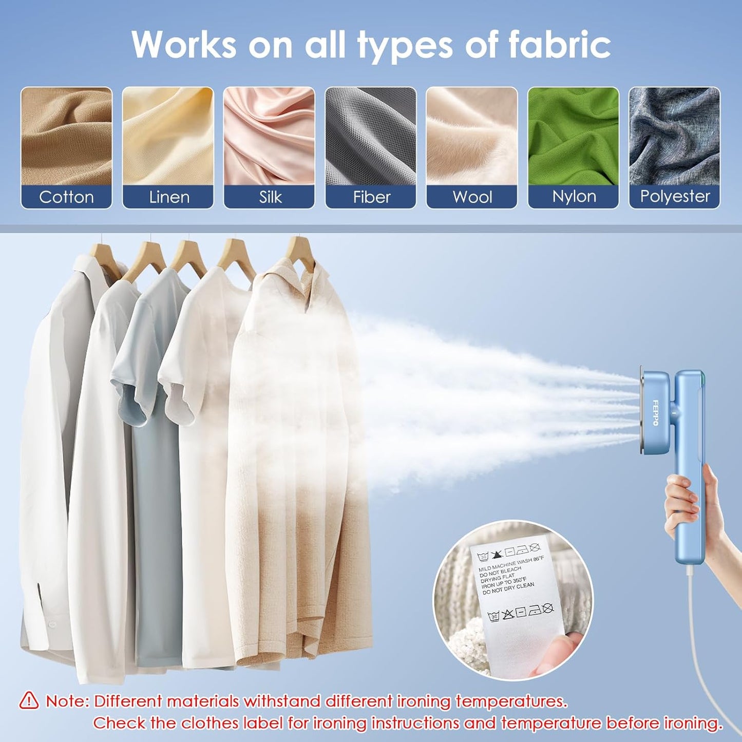 FEPPO Travel Steamer for Clothes, 110-240V Dual Voltage Portable Steamer & Iron 2 in 1, Fast Heat Up, 1100W Powerful Garment Steamer, Large Ceramic Heat Panel for Home & Global & Europe Traveling