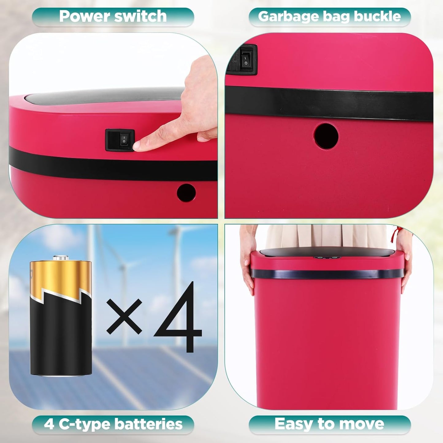 Automatic Motion Sensor Bathroom Trash Can with Lid, 13 Gallon Touchless Trash Bin, Smart Dog Proof Garbage Can, Touch Free Waste Basket for Toilet, Office, Bedroom,Red