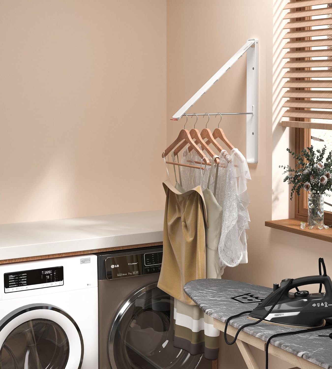 Dr.DJ Clothes Drying Rack with Rod, Wall-Mounted Retractable & Foldable Clothes Hanger for Laundry Room Organization and Storage, Metal Clothes Hanger Rack for Dorm, Closet, Balcony 2Rack,1Rod White