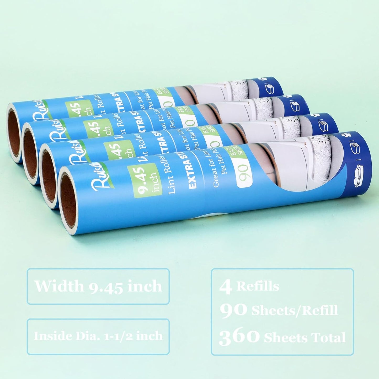 9.45 inch Lint Roller Refills for 9.4'' - 9.5'' Large Lint Rollers Extra Sticky Roller Refills Replacment for PetLovers Delomo and More Floor Rollers 90 Sheets per Refill, 4 Pack, 360 Sheets Total