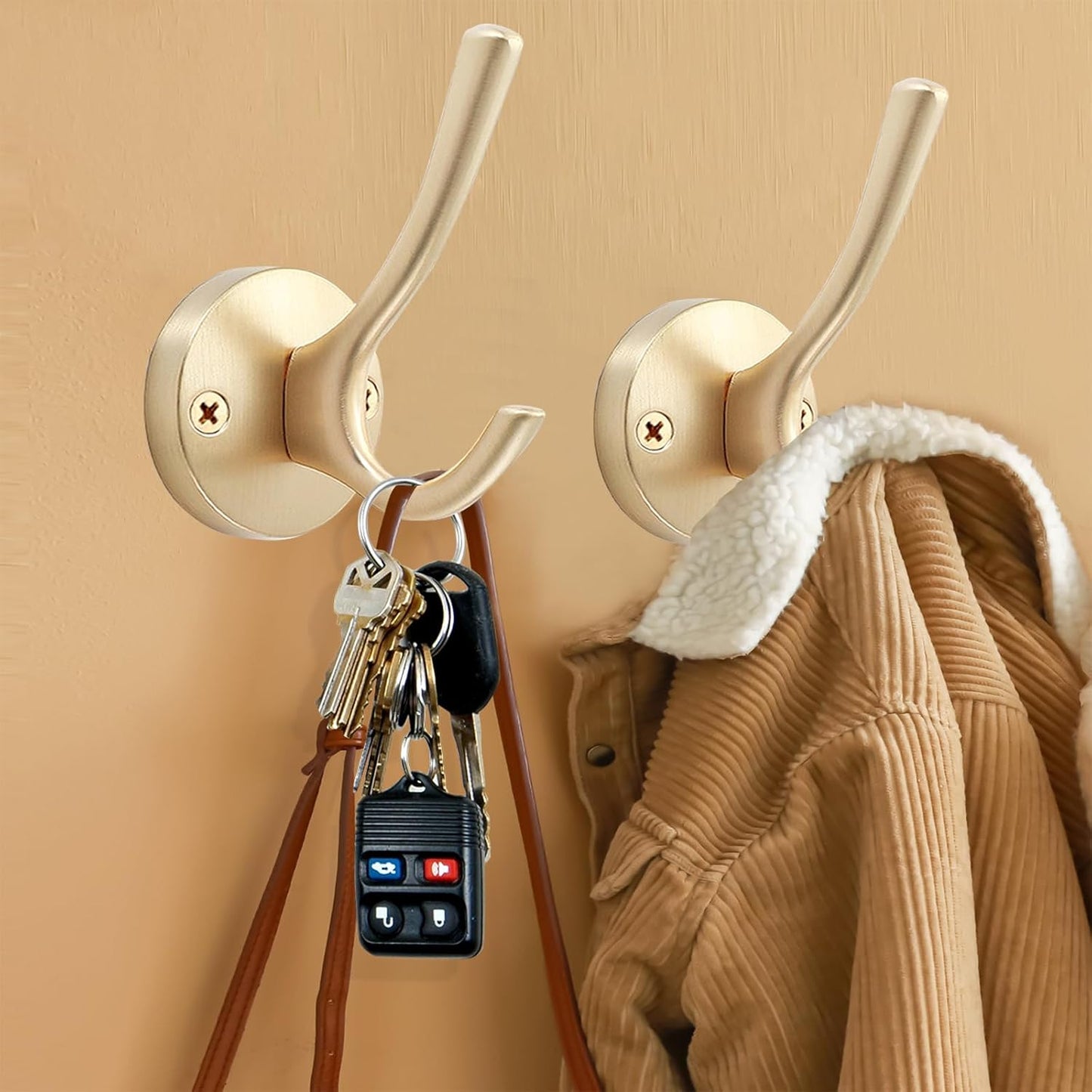 Gold Coat Hooks for Wall, 2 Pack Heavy Duty Towel Robe Hooks, Hats Hooks for Entryway Cubicle Closet Mudroom Bathroom Garage