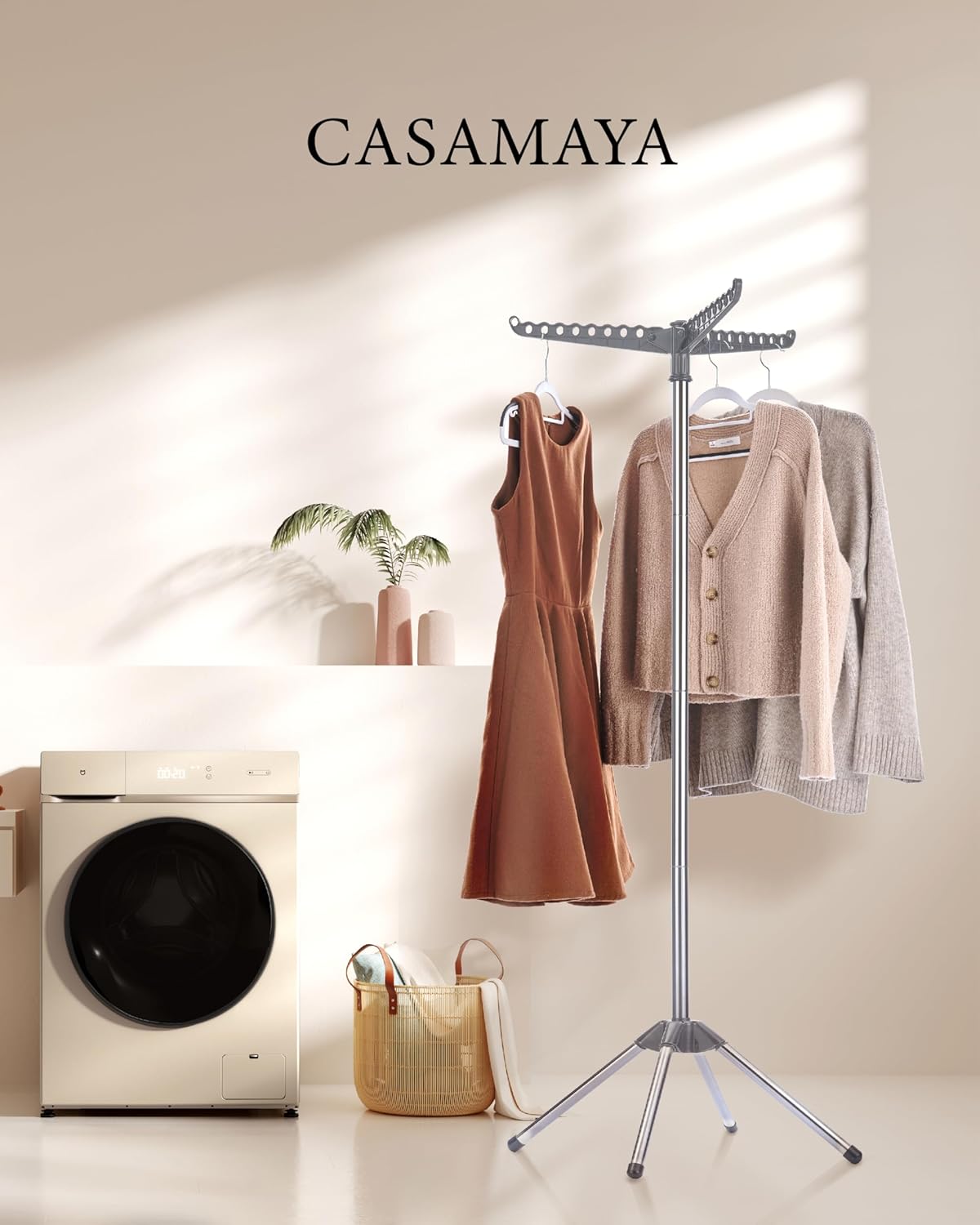 Clothes Drying Rack Foldable, 59 inch Tripod Laundry Drying Rack Indoor with Rotating Clothes Rail for 27 Pieces of Clothes, Space Saving, Stainless Steel, Grey and Silver CDR001G01