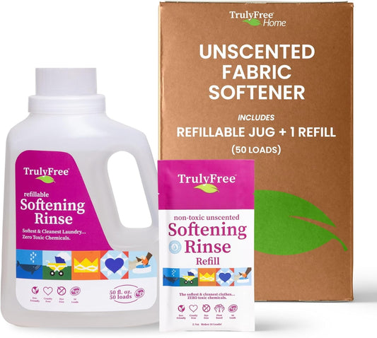 Truly Free Fabric Softening Conditioner for Clothes| Safe for Babies & Kids with Sensitive Skin | Plant-Based | Include 1 Refillable 50oz Bottle with Measuring Cap| Unscented Rinse(50 Loads)
