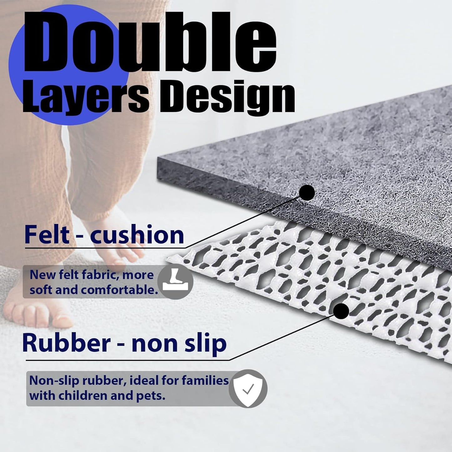 Non Slip Rug Pad Grippers - 2x4, 1/4" Thick, Felt + Rubber Double Layers Area Carpet Mat Tap, Provides Protection and Cushioning for Hardwood or Tile Floors