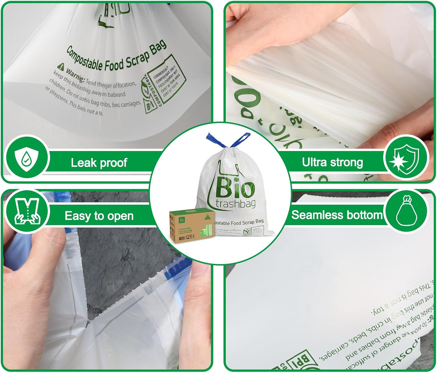 13 Gallon Compostable Trash Bags, 100 Count Biodegradable Drawstring Compost Food Waste Bags, Heavy Duty 1 Mil, 49.2 Liter, Tall Kitchen Large Garbage Bags, US BPI and Europe OK Compost