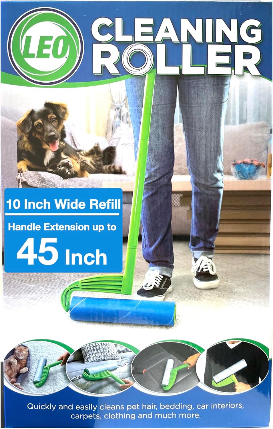 Leo 10-Inch Wide Lint Roller with Extendable Handle, Includes 1 Refill (25 Sheets), Extra Sticky for Pet Hair, Carpet & Floor Cleaning (1 Mega Roller)